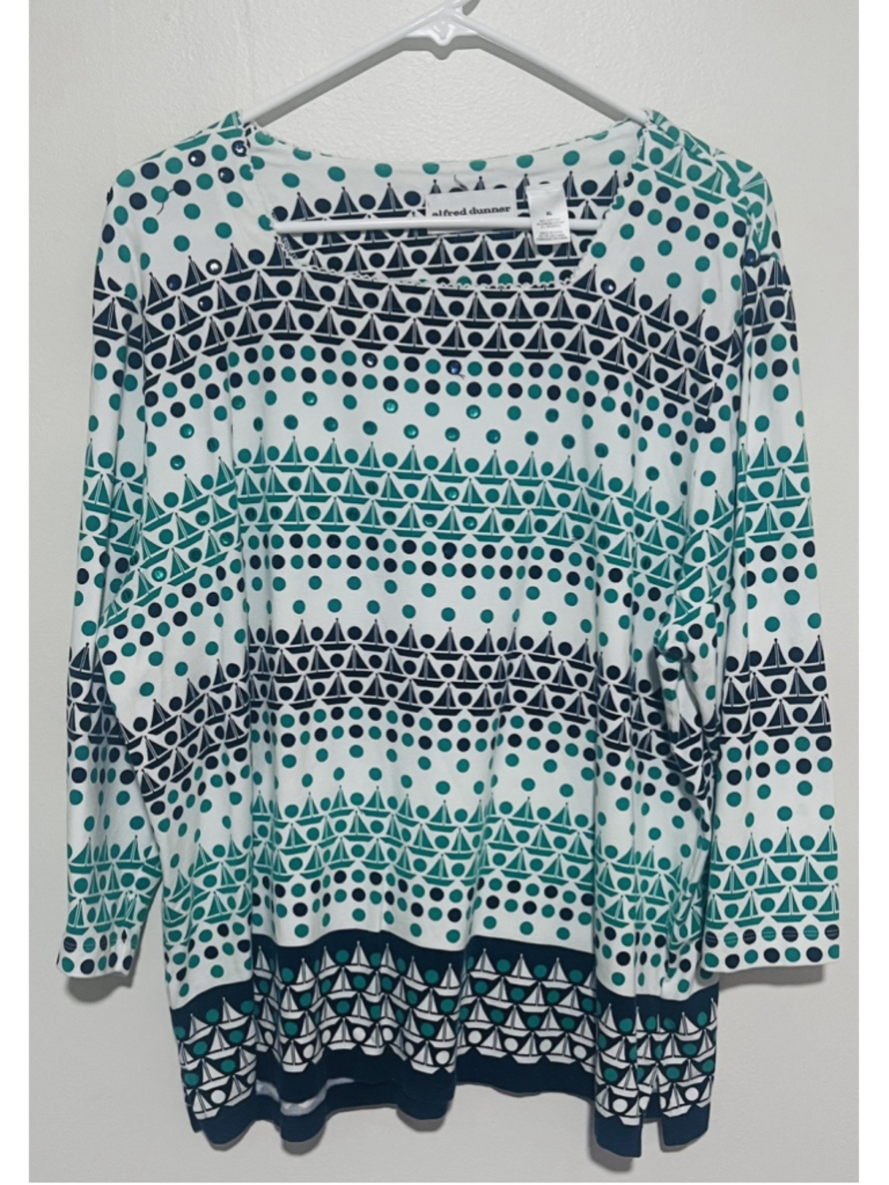Alfred Dunner Sailboat Top Women's XL Navy Polka Dot 3/4 Sleeve Sequin Nautical